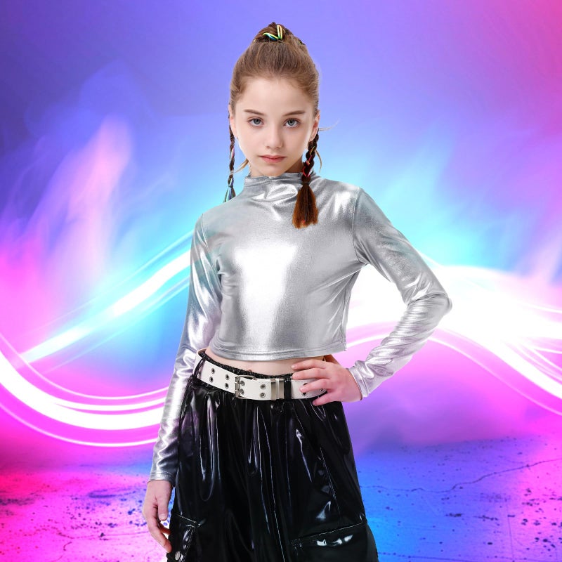 LOLANTA Dance Crop Top for Girls Metallic Long Sleeve Solid Shiny Party Halloween Costumes (Silver, 9-10 Years) - Image 3