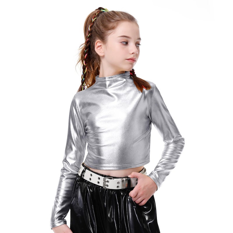 LOLANTA Dance Crop Top for Girls Metallic Long Sleeve Solid Shiny Party Halloween Costumes (Silver, 9-10 Years) - Image 1