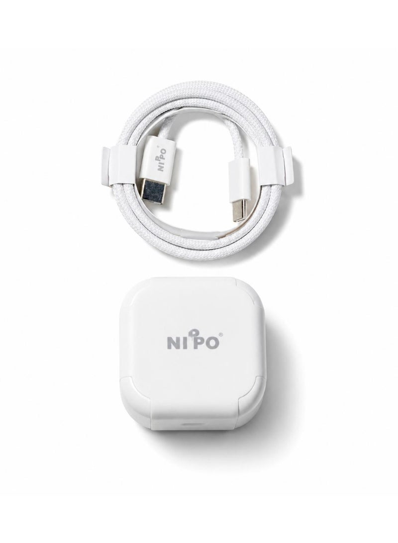 NIPO 25W USB-C Power Adapter with USB-C to USB-C Cable, White, Model NIP-129 - Image 1