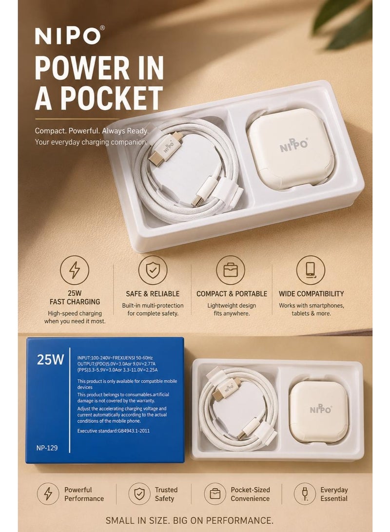 NIPO 25W USB-C Power Adapter with USB-C to USB-C Cable, White, Model NIP-129 - Image 3