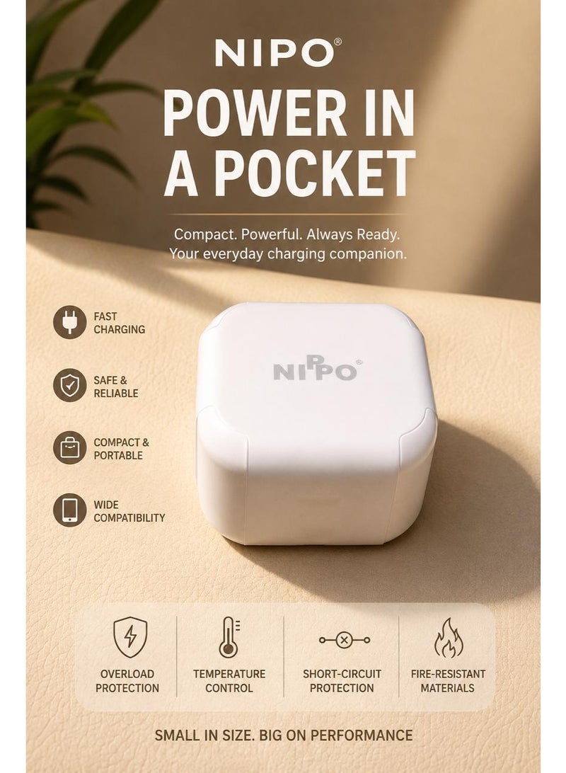 NIPO 25W USB-C Power Adapter with USB-C to USB-C Cable, White, Model NIP-129 - Image 2