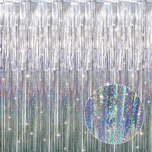 GOER 3.2 ft x 8.2 ft Metallic Tinsel Foil Fringe Curtains Party Photo Backdrop Party Streamers for Birthday,Graduation,New Year Eve Decorations Wedding Decor (1 Pack, Shiny Silver) - Image 1