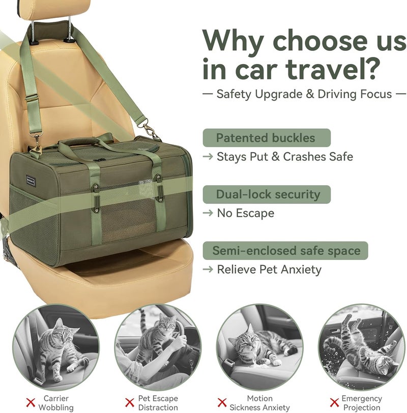 Petsfit Small Dog Travel Carrier, Large Cat Carrier with Patented Buckle and Soft Padding, Soft-sided Pet Carrier for Puppy, Ideal for Car Road Trips Up to 20 Lbs Green - Image 2