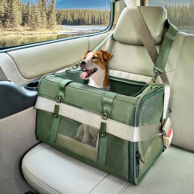 Petsfit Small Dog Travel Carrier, Large Cat Carrier with Patented Buckle and Soft Padding, Soft-sided Pet Carrier for Puppy, Ideal for Car Road Trips Up to 20 Lbs Green - Image 1