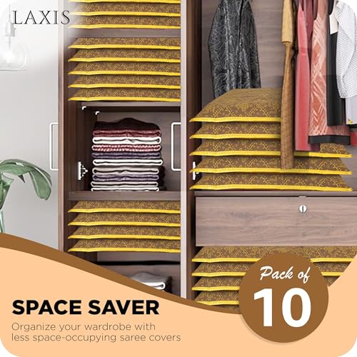 LAXIS® Non-Woven Single Saree Bags Transparent Saree Covers With Zip, For Storage, Wardrobe Organizer Saree Bags/Saree Covers Size-36x42x2 CM (Pack of 10, Golden Brown) - Image 5