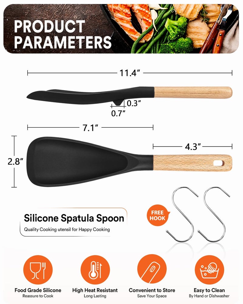 Badiano Cooking Spoon for Nonstick Cookwares, Great for Cooking and Serving Sturdy BPA-Free Matte Silicone, Wood Handle Spoon for Mixing, Scoop, and Scrape (Black & Grey, 11.4 inch) - Image 2