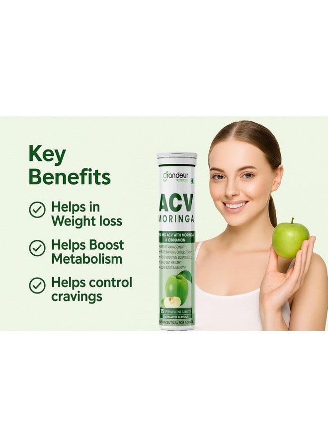 Grandeur Plant Based ACV Moringa, 30 Apple Cider Vinegar Tablets For Weight Management 750mg, With Cinnamon | Controls Cravings | No Added Sugar | Natural Energy Booster | Healthy Gut | Green Apple - Image 3