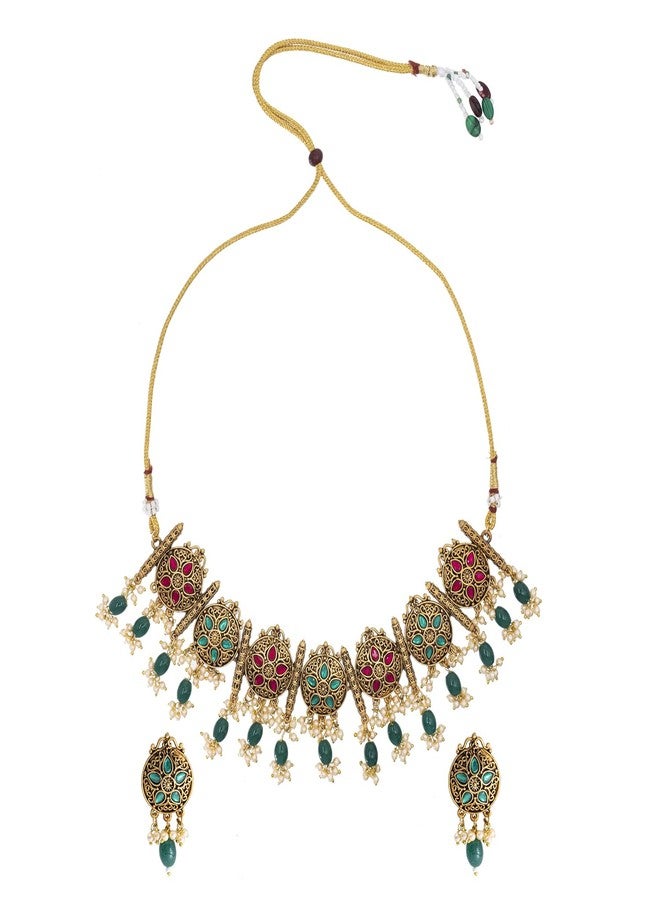 Bodha Traditional Indian Matte Gold Plated Kundan,CZ,Studded Choker Necklace with Matching Earring Jewelry Set For Women-Gold,Ruby,Green (SJN_253_G_R_G) - Image 3