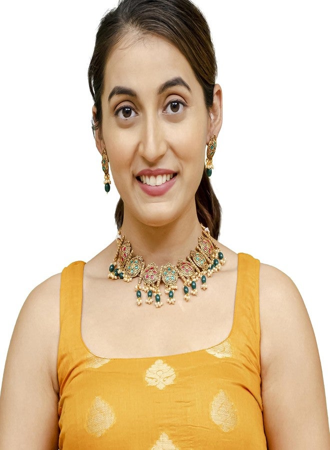 Bodha Traditional Indian Matte Gold Plated Kundan,CZ,Studded Choker Necklace with Matching Earring Jewelry Set For Women-Gold,Ruby,Green (SJN_253_G_R_G) - Image 2
