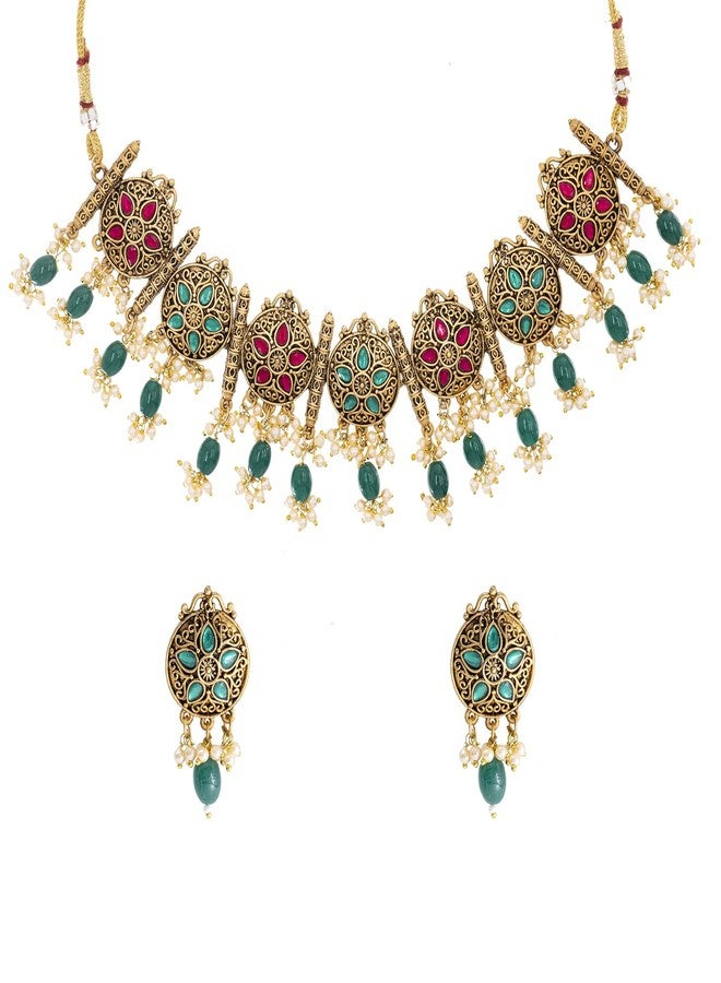 Bodha Traditional Indian Matte Gold Plated Kundan,CZ,Studded Choker Necklace with Matching Earring Jewelry Set For Women-Gold,Ruby,Green (SJN_253_G_R_G) - Image 1