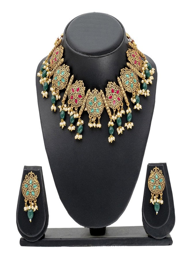 Bodha Traditional Indian Matte Gold Plated Kundan,CZ,Studded Choker Necklace with Matching Earring Jewelry Set For Women-Gold,Ruby,Green (SJN_253_G_R_G) - Image 4
