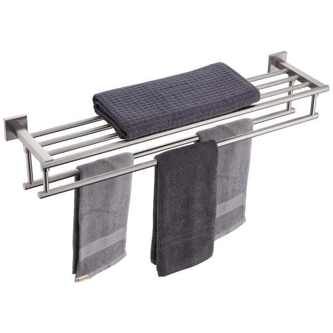 TOWEL SHELF WITH DOUBLE TOWEL BARS 32 INCHES BATHROOM TOWEL RACK BATH TOWEL HOLDER WALL MOUNTED STAINLESS STEEL BRUSHED NICKEL B6005BRL32