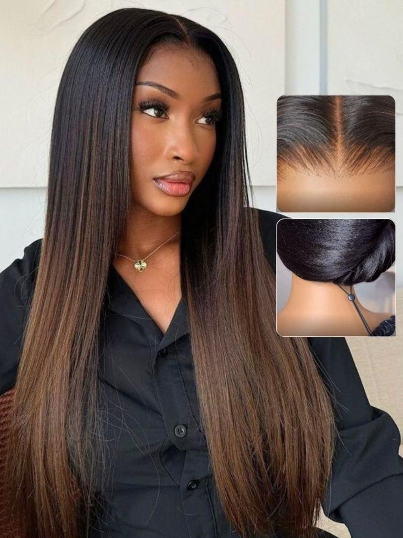 UNICE Chestnut Brown Ombre Yaki Straight 7x5 Pre Cut HD Lace Front Wigs Human Hair with Drawstring Bye Bye Knots Glueless Wig Pre Plucked Bleached Knots Natural Hairline 150% Density 18 inch - Image 3