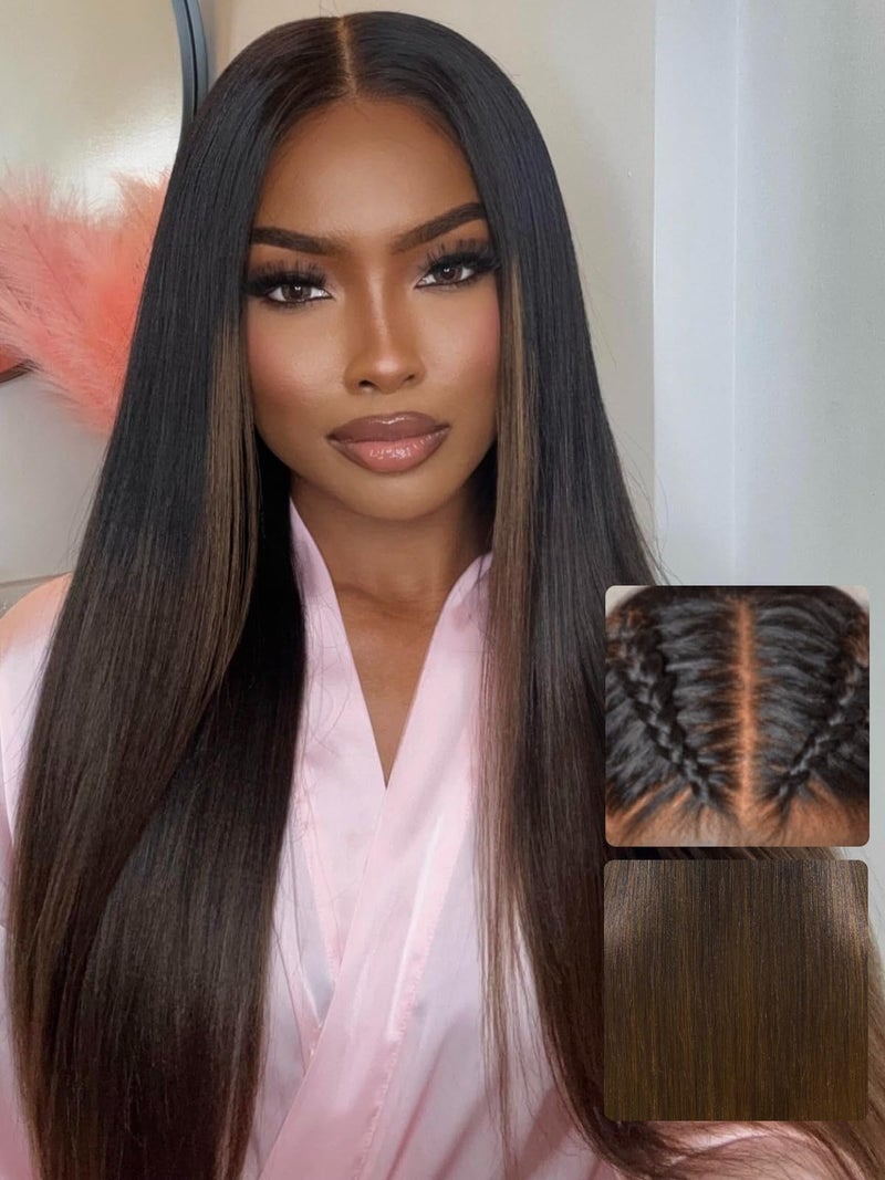 UNICE Chestnut Brown Ombre Yaki Straight 7x5 Pre Cut HD Lace Front Wigs Human Hair with Drawstring Bye Bye Knots Glueless Wig Pre Plucked Bleached Knots Natural Hairline 150% Density 18 inch - Image 1