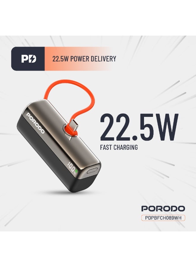porodo Pocket Volt 5000mAh Power Bank with Built-in USB-C Connector, Compact Design, Reliable Power Bank 5000 mAh, Portable Device Charger, USB-C Fast Charging, Pocket-Sized Power Bank - Black - Image 5