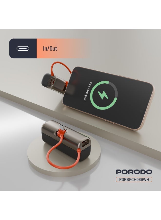 porodo Pocket Volt 5000mAh Power Bank with Built-in USB-C Connector, Compact Design, Reliable Power Bank 5000 mAh, Portable Device Charger, USB-C Fast Charging, Pocket-Sized Power Bank - Black - Image 4
