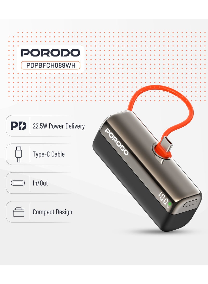 porodo Pocket Volt 5000mAh Power Bank with Built-in USB-C Connector, Compact Design, Reliable Power Bank 5000 mAh, Portable Device Charger, USB-C Fast Charging, Pocket-Sized Power Bank - Black - Image 2