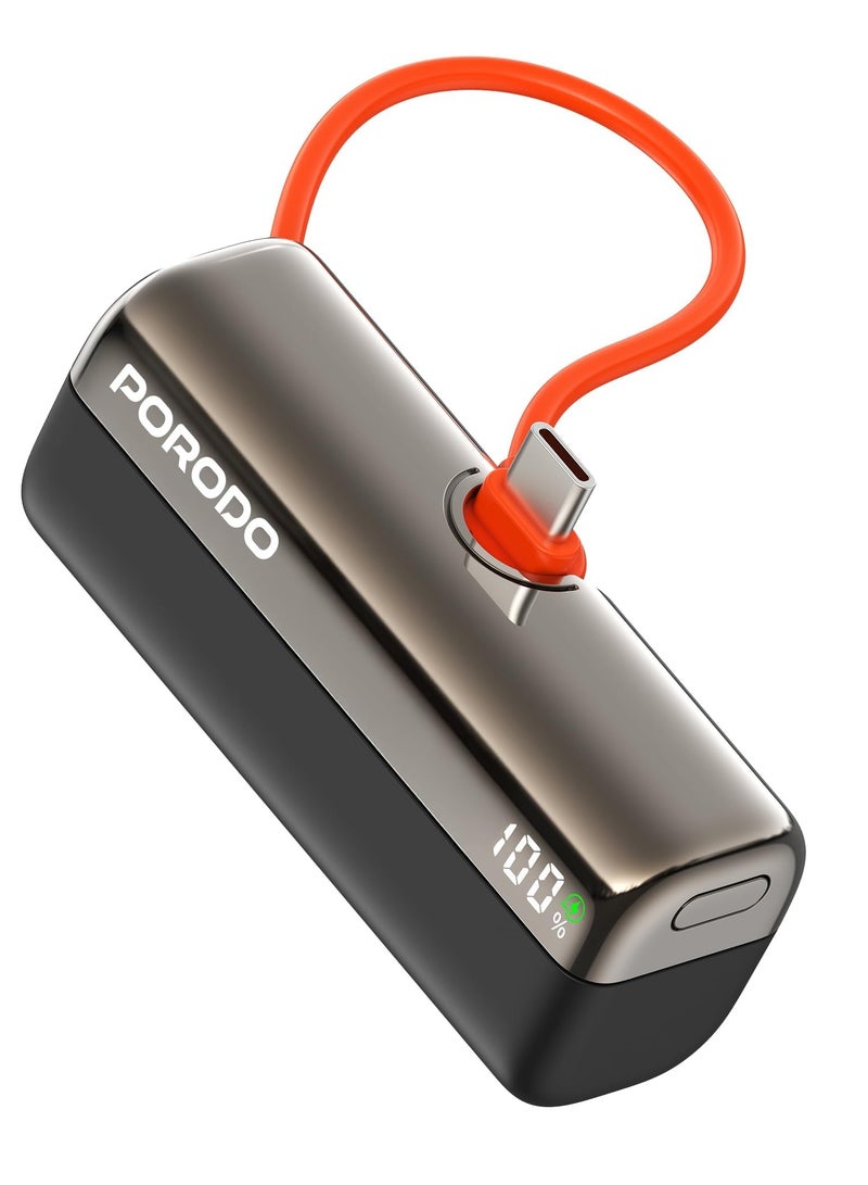 porodo Pocket Volt 5000mAh Power Bank with Built-in USB-C Connector, Compact Design, Reliable Power Bank 5000 mAh, Portable Device Charger, USB-C Fast Charging, Pocket-Sized Power Bank - Black - Image 1