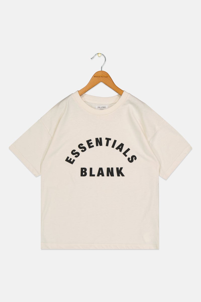 Blank Essentials Kids Boy Crew Neck Short Sleeve Brand Logo T-shirt, Off White - Image 2