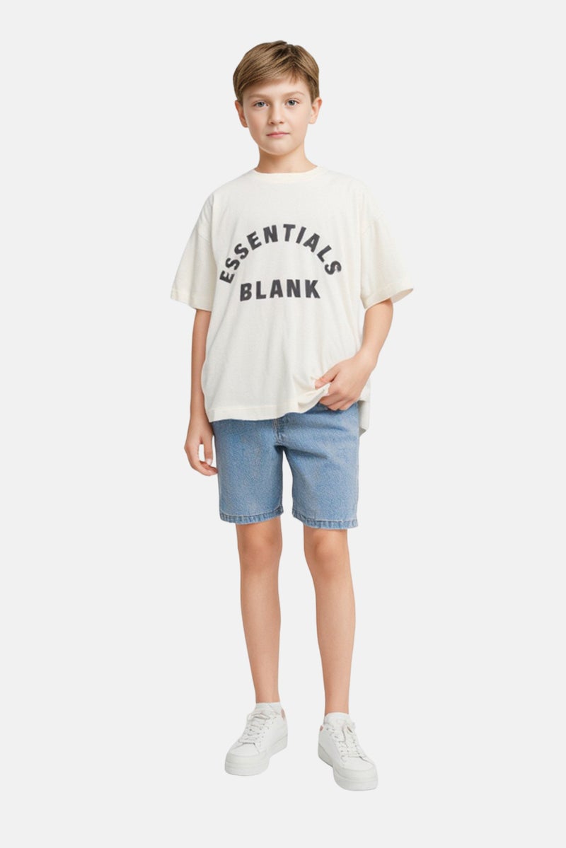 Blank Essentials Kids Boy Crew Neck Short Sleeve Brand Logo T-shirt, Off White - Image 1