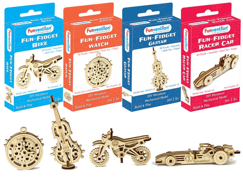 Funvention Fun Fidgets Assorted (6 x 4 DIY Miniature Mechanical Models Bike, Car, Guitar & Watch) Pack of 24 - Birthday Return Gifts Party Pack Return Favors for Kids Art & Craft STEM Learning Toys - Image 3