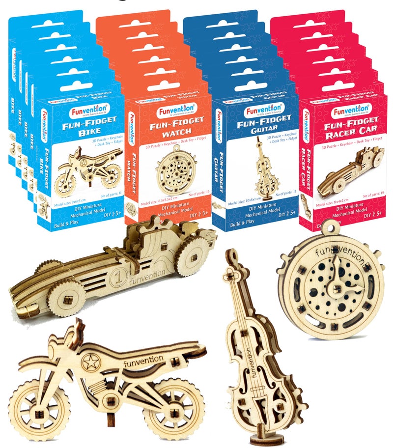 Funvention Fun Fidgets Assorted (6 x 4 DIY Miniature Mechanical Models Bike, Car, Guitar & Watch) Pack of 24 - Birthday Return Gifts Party Pack Return Favors for Kids Art & Craft STEM Learning Toys - Image 1