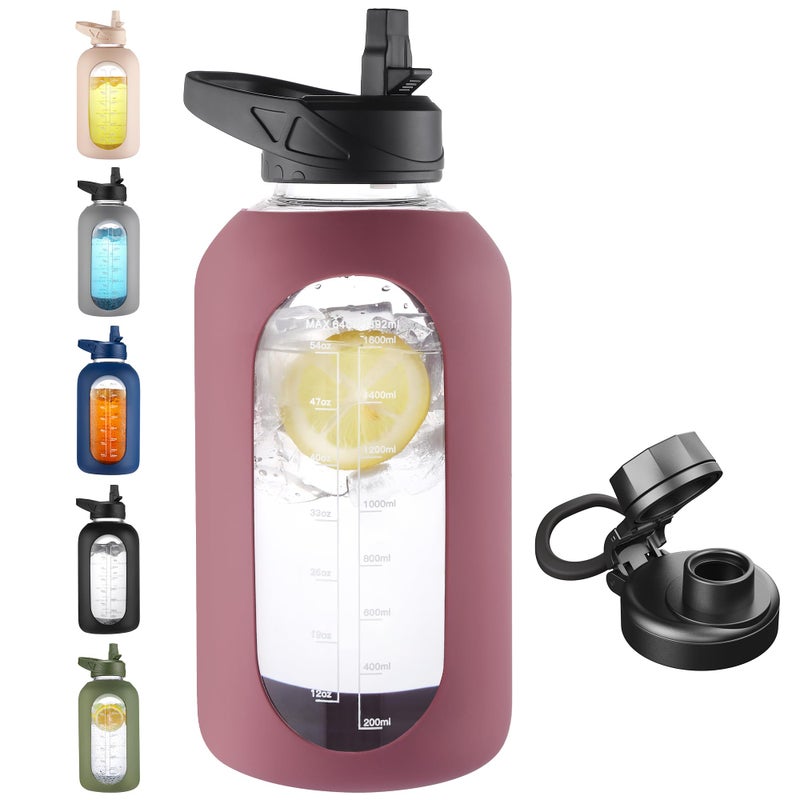 CIVAGO 64 oz Glass Water Bottle Jug with Straw and Handle, Half Gallon Sports Motivational Water Bottle with Time Marker, Wide Mouth Water Flask Canteen with Silicone Sleeve for Gym, Rose Taupe - Image 1