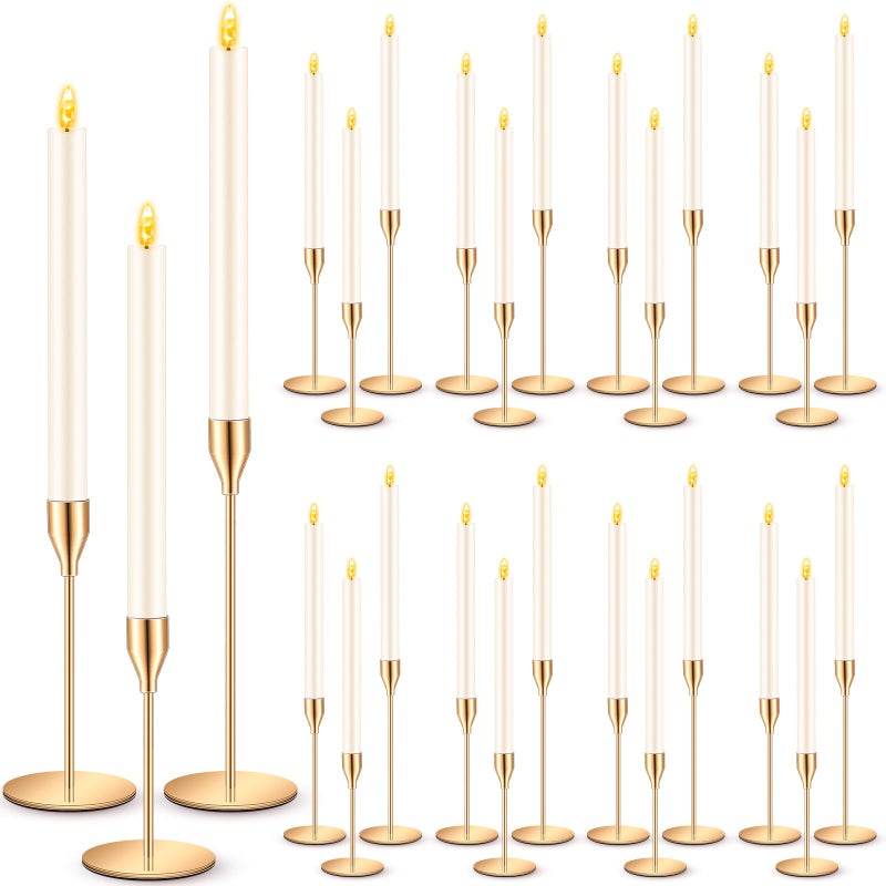 FillTouch 30 Pcs Gold Candlestick Holders with Flameless LED Candles Bulk Includes 15 Metal Candle Holders 15 Ivory Battery Operated Taper Candles for Wedding Valentines Table Centerpieces Home Decor - Image 1
