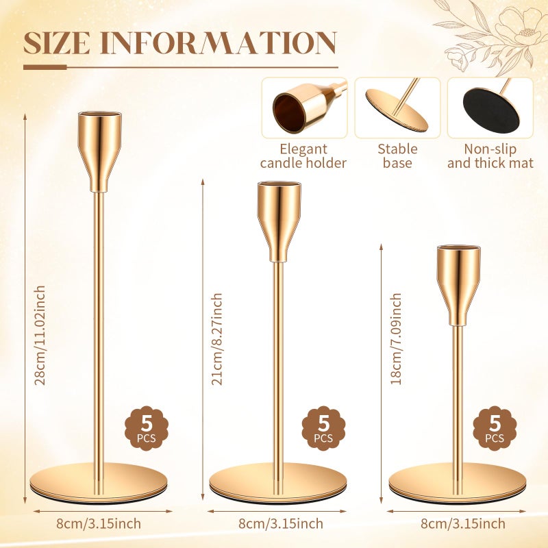 FillTouch 30 Pcs Gold Candlestick Holders with Flameless LED Candles Bulk Includes 15 Metal Candle Holders 15 Ivory Battery Operated Taper Candles for Wedding Valentines Table Centerpieces Home Decor - Image 5