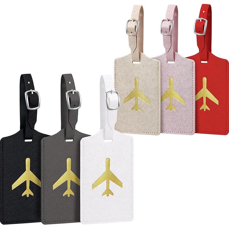 6 Pieces Luggage Tags Suitcase Tag Travel Bag Labels Leather Instrument Baggage Bag Luggage Tags for Travel Bag Suitcase (Black, Gray, Pink, Red, White, Champagne Gold) - Image 1