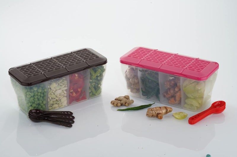 HAPPI Multipurpose Plastic 4 In 1 Masala Box for Kitchen, Spice Boxes for Kitchen, Transparent 4 Compartment Storage Containers Airtight Grocery, Dry Fruits Box 1800 Ml with 4 Spoons (Pink) - Image 2