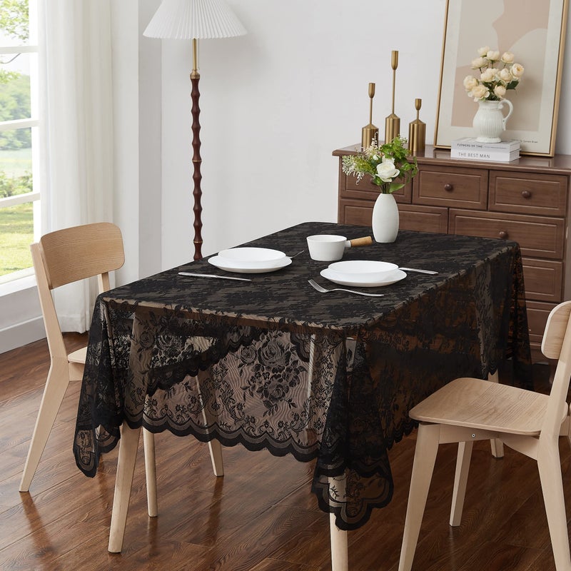 LinenZone Beautiful Oblong Lace Tablecloth with Elegant Scalloped Bottom for Any Special Event Such as Wedding  Birthday Party  Baby Shower  Anniversary. for 10-12 People. (Luna TC 60 x 120  Black) - Image 1