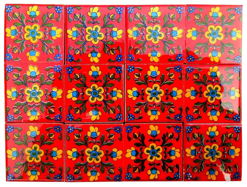 Shiv Kripa Blue Pottery Shiv Kripa Blue Pottery Home Decor Ceramic Tile Traditional High Lighter Tiles Wall Kitchen Washroom Handmade by Skilled Artisans Tiles 2 x 2 Inch Set of 12 Tiles Red Multi 