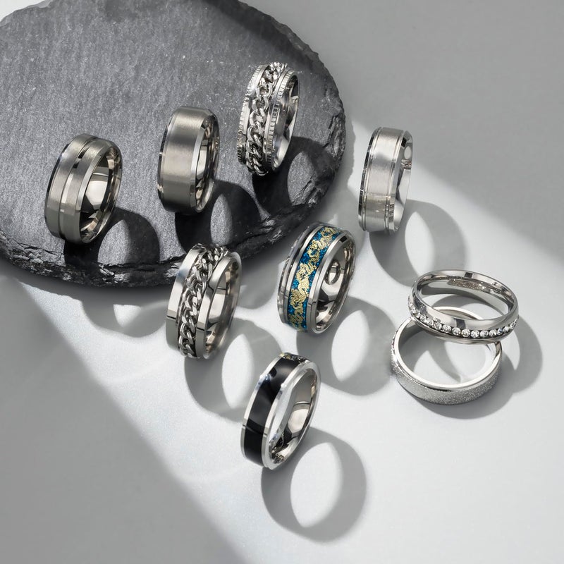 EIELO 9Pcs Stainless Steel Band Rings for Men Women Cool Fidget Spinning Chain Ring Anxiety Relief Fashion Simple Wedding Engagement Silvery Ring Set Size9 - Image 2