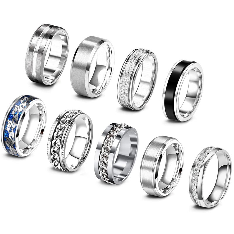 EIELO 9Pcs Stainless Steel Band Rings for Men Women Cool Fidget Spinning Chain Ring Anxiety Relief Fashion Simple Wedding Engagement Silvery Ring Set Size9 - Image 1