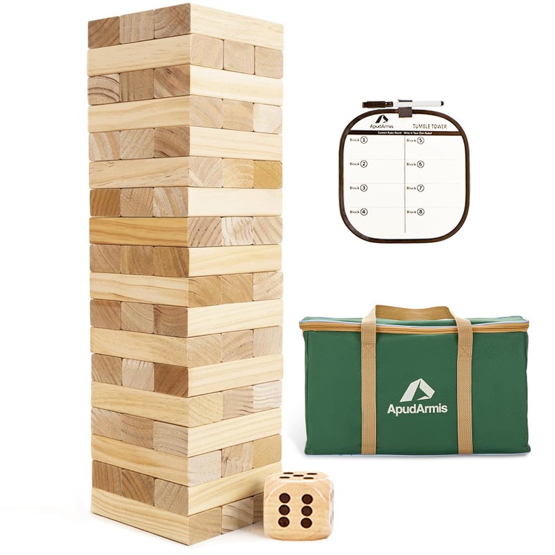 ApudArmis Giant Tumble Tower Stack from 2Ft to Over 42Ft 54 PCS Pine Wooden Stacking Timber Game with 1 Dice Set Classic Block Giant Outdoor Game for Teens Adults Family - Image 4