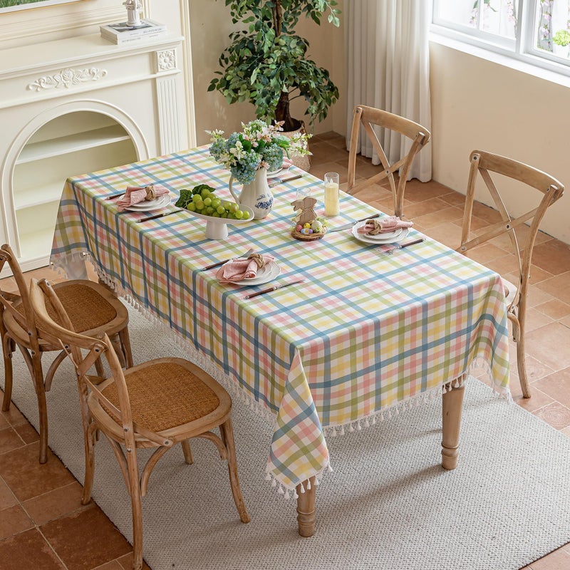 Jia le JIALE Easter Gingham Tablecloth Cotton Linen Fabric Colorful Checkered Table Cloth with Tassel, Washable Wrinkle Free Buffalo Plaid Table Cover for Spring Summer Dining Party, Multi Yellow, 55X75'' - Image 3