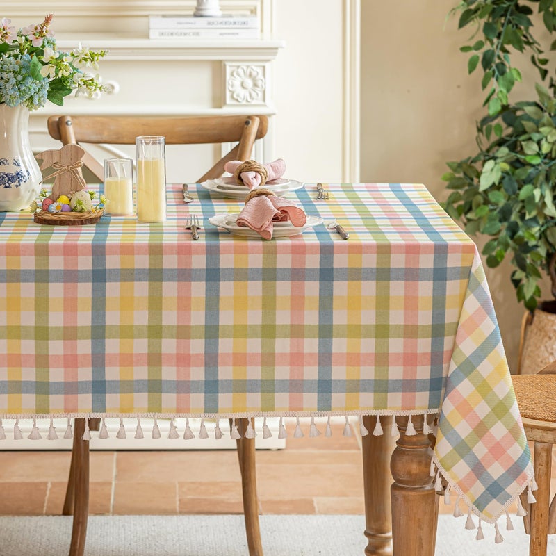 Jia le JIALE Easter Gingham Tablecloth Cotton Linen Fabric Colorful Checkered Table Cloth with Tassel, Washable Wrinkle Free Buffalo Plaid Table Cover for Spring Summer Dining Party, Multi Yellow, 55X75'' - Image 1