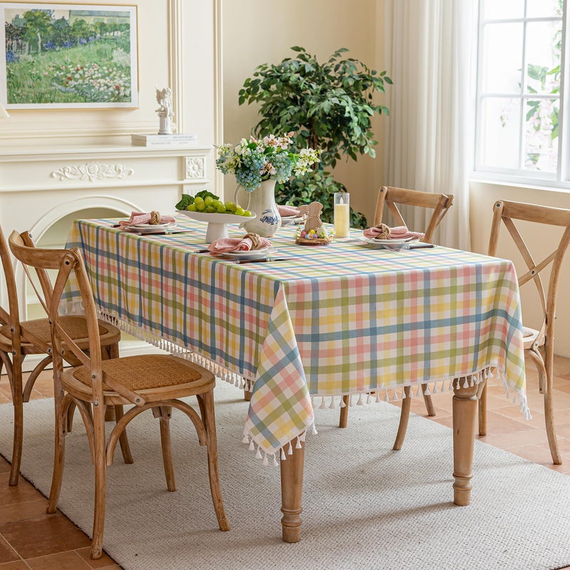 Jia le JIALE Easter Gingham Tablecloth Cotton Linen Fabric Colorful Checkered Table Cloth with Tassel, Washable Wrinkle Free Buffalo Plaid Table Cover for Spring Summer Dining Party, Multi Yellow, 55X75'' - Image 5