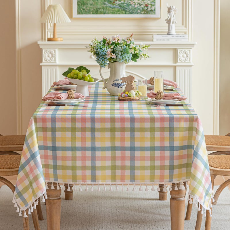 Jia le JIALE Easter Gingham Tablecloth Cotton Linen Fabric Colorful Checkered Table Cloth with Tassel, Washable Wrinkle Free Buffalo Plaid Table Cover for Spring Summer Dining Party, Multi Yellow, 55X75'' - Image 4