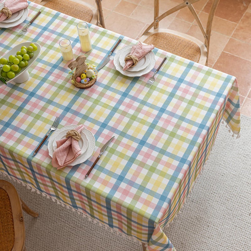 Jia le JIALE Easter Gingham Tablecloth Cotton Linen Fabric Colorful Checkered Table Cloth with Tassel, Washable Wrinkle Free Buffalo Plaid Table Cover for Spring Summer Dining Party, Multi Yellow, 55X75'' - Image 2