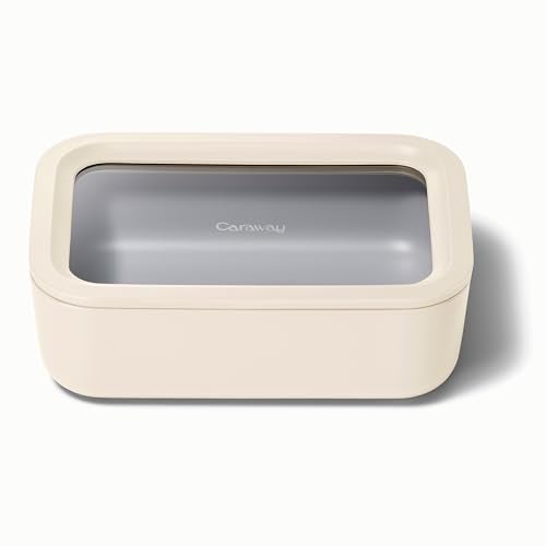 Caraway Glass Food Storage, 6.6 Cup Glass Container,Ceramic Coated Food Container,Easy to Store, Non Toxic, Non Stick Lunch Box Container with Glass Lids. Dishwasher, Oven,Square Shape,Cream - Image 1