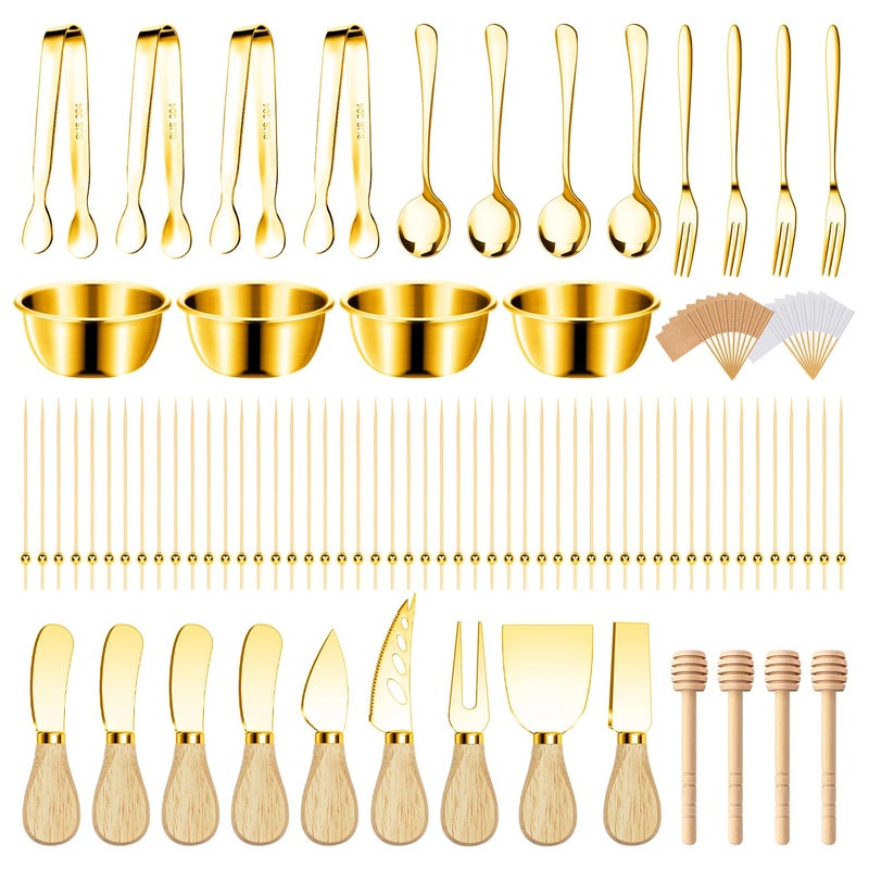 Mlurcu 169 Pcs Charcuterie Boards Accessories Gold Charcuterie Utensils Cheese Butter Spreader Knife Set Small Serving Tongs Forks and Spoons Dipping Bowls Honey Dipper Toothpick Flags Cocktail Picks - Image 1