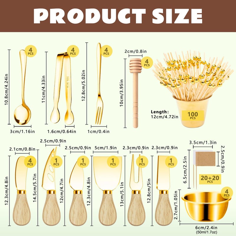 Mlurcu 169 Pcs Charcuterie Boards Accessories Gold Charcuterie Utensils Cheese Butter Spreader Knife Set Small Serving Tongs Forks and Spoons Dipping Bowls Honey Dipper Toothpick Flags Cocktail Picks - Image 2