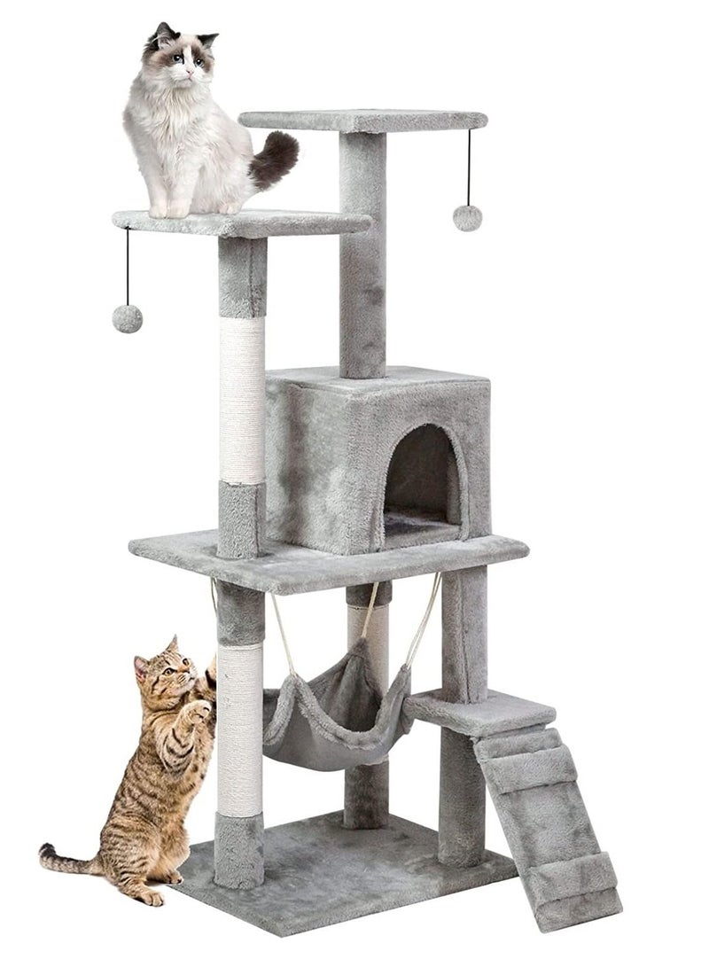 Touch Cat Tree Tower, Cat Habitat with Sisal Scratching Post, Cat Climbing Tree with Cat House, Hammock, Sisal Poles, Ladder, Indoor Cat Rest