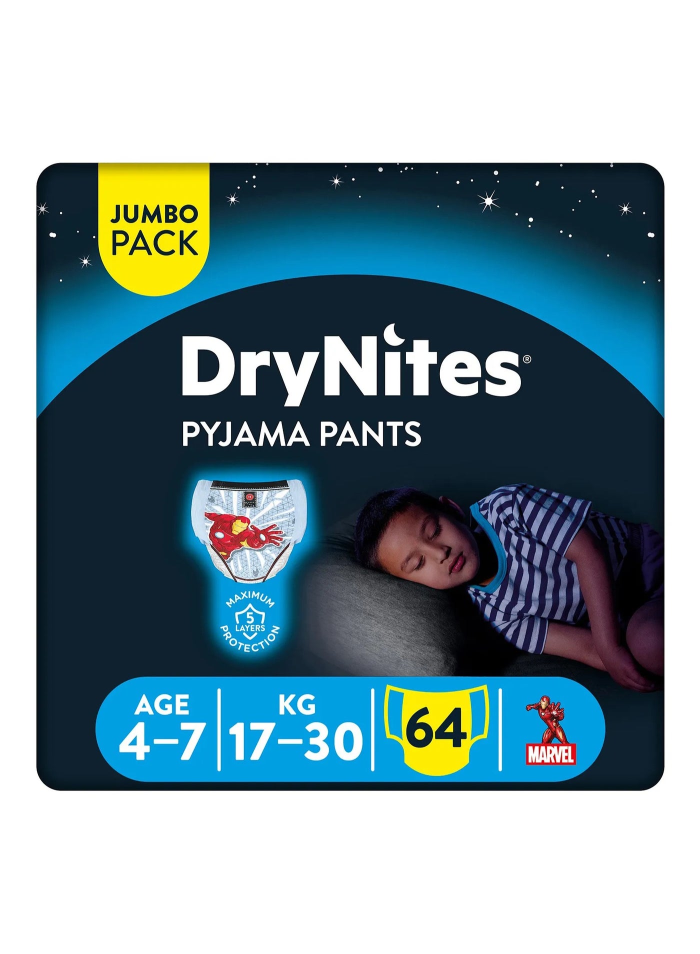 Huggies x Marvel Iron Man DryNites Pyjama Pants, 64 Pieces Jumbo Pack, For Boys Age 4-7, 17-30kg - Night-Time Protection, Super Absorbent, 5 Layers, Leak Free