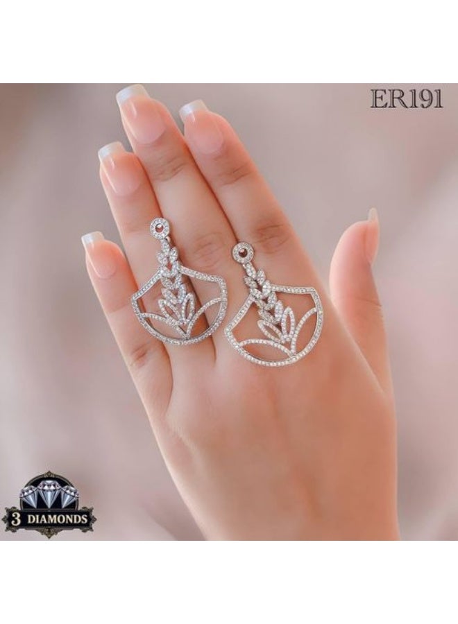 3Diamonds Shield Leaf Drop Earrings, Platinum & Rhodium Plated, Zircon Sparkle - Image 1