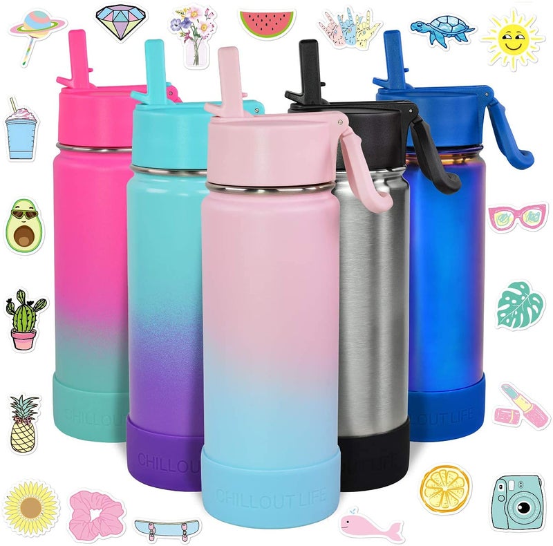 CHILLOUT LIFE 17 oz Kids Insulated Water Bottle for School with Straw Lid Leakproof and Cute Waterproof Stickers, Personalized Stainless Steel Thermos Flask Metal Water Bottle for Girls & Boys - Image 1