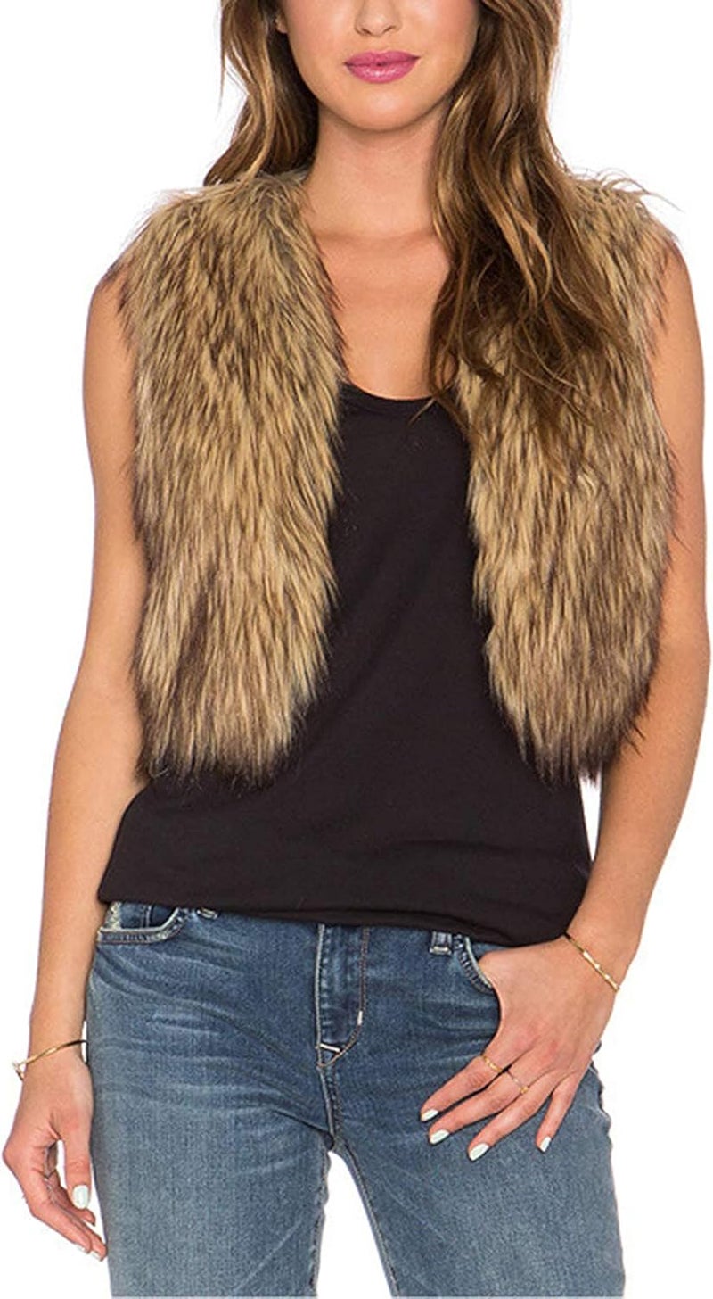 Women's Sleeveless Open Front Fluffy Short Faux Fur Vests Waistcoats