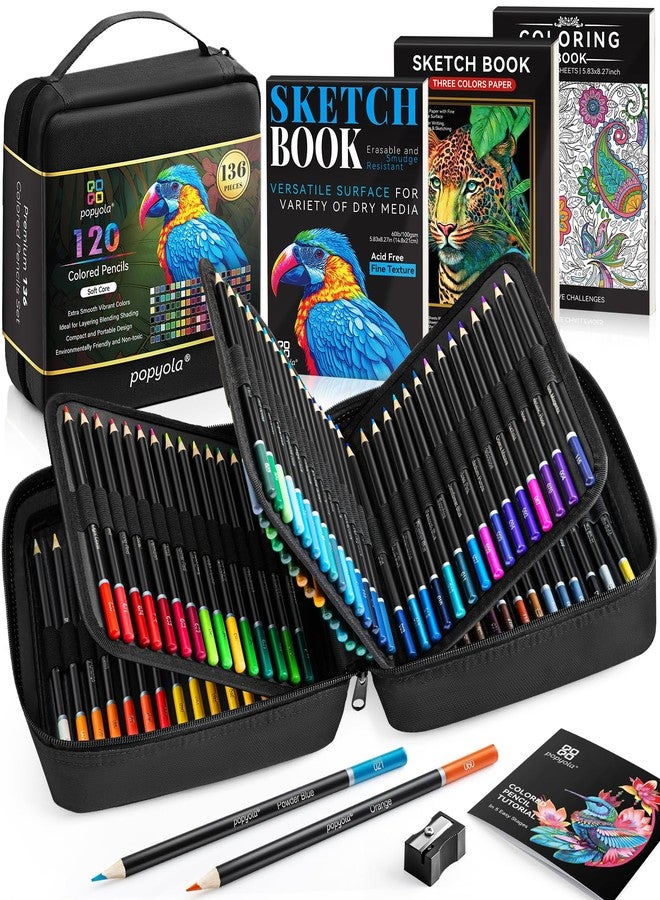 POPYOLA 136 PCS Colored Pencils Set for Adult Coloring Books, 120 Colored Pencils with Sketchbook, Coloring Book, Sharpener, Soft Core Oil-Based Coloring Pencils for Artists Drawing Sketching Blending Shading - Image 1